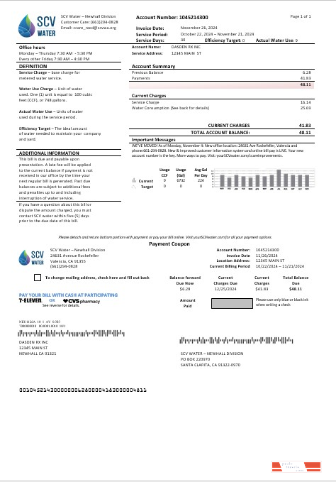 USA California Santa Clarita SCV Water business utility bill template in Word and PDF formats